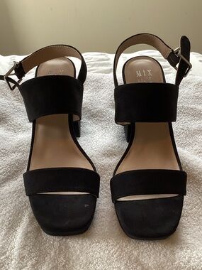 Mix No. 6 Black Suede Block Heel Sandals with Ankle Strap